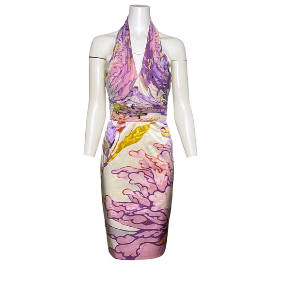 Vivienne Tam Cream Purple Pink Abstract Print Silk Halter Pencil Dress Size 6 - Picture 1 of 12